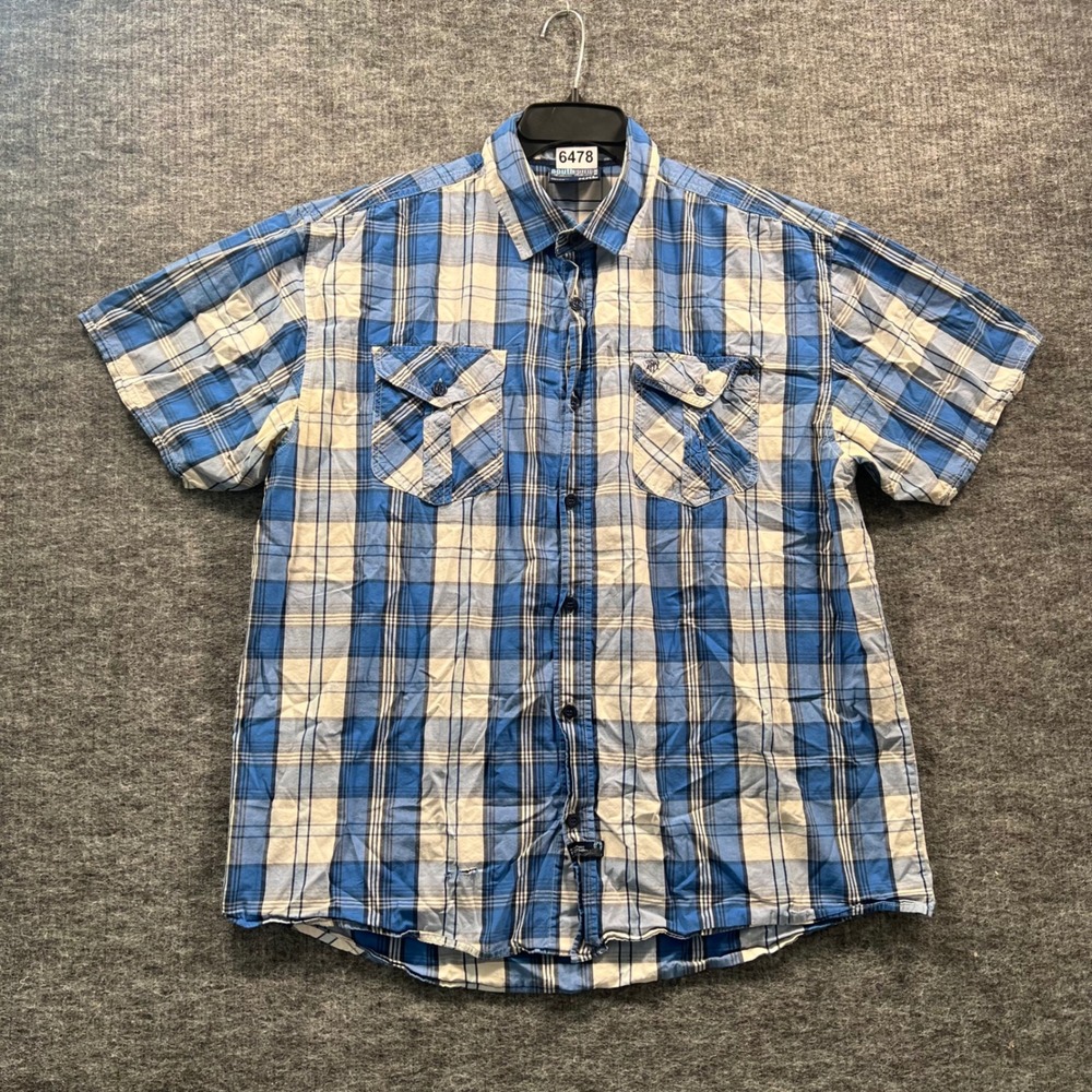 Southpole Mens XXL Blue White Plaid Short Sleeve Button Down Shirt Streetwear